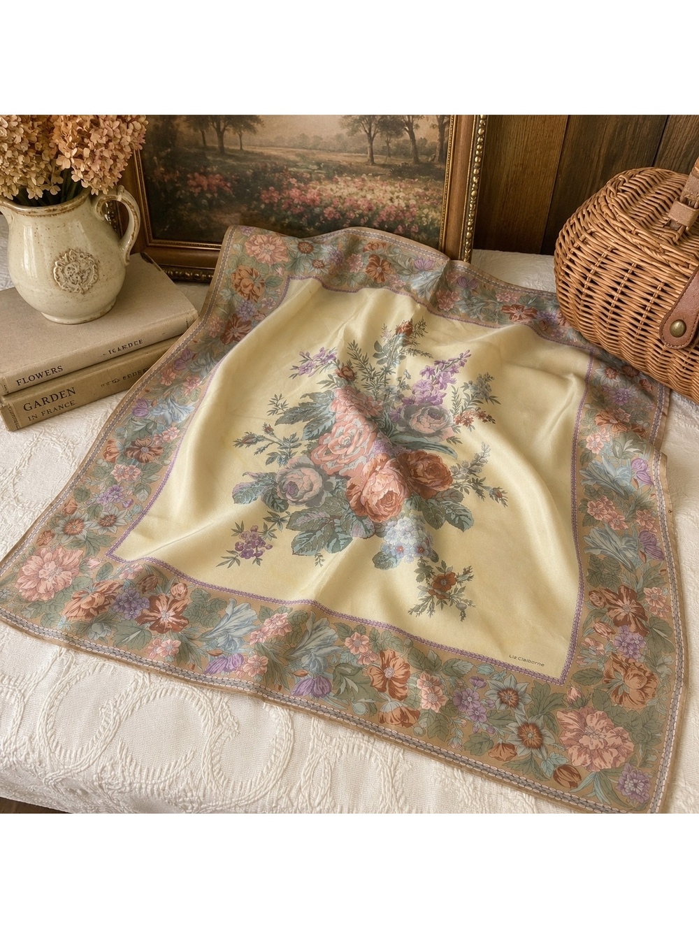 Vintage Liz Claiborne Floral Silk Scarf 30x30 Cottagecore Botanical Square